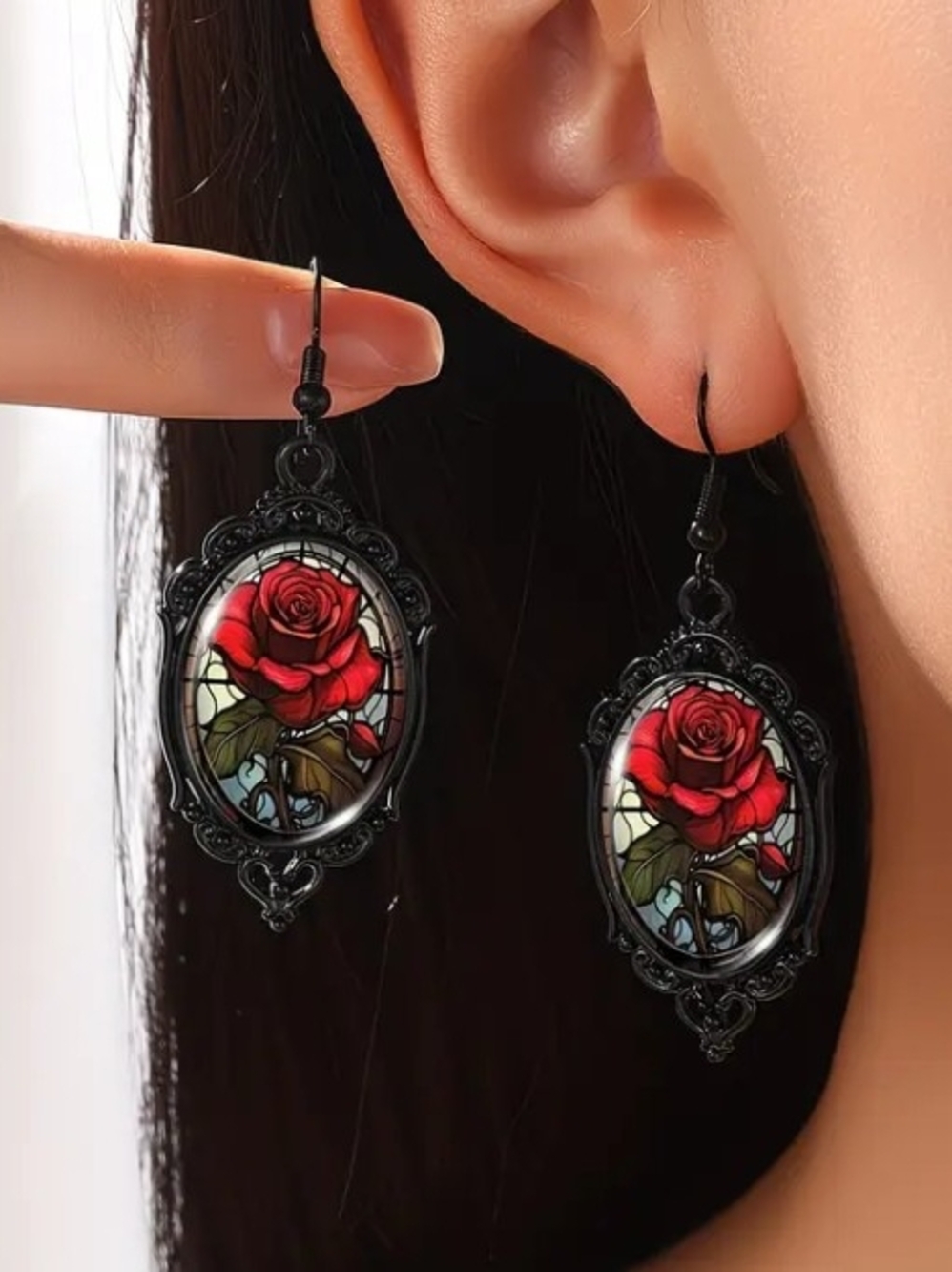 Vintage Black Frame Red Rose Drop Earrings